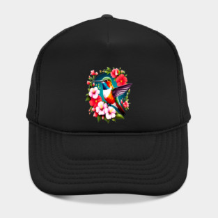 Cute Ruby Throated Hummingbird Surrounded by Spring Flowers Hat