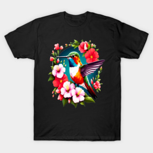 Cute Ruby Throated Hummingbird Surrounded by Spring Flowers T-Shirt