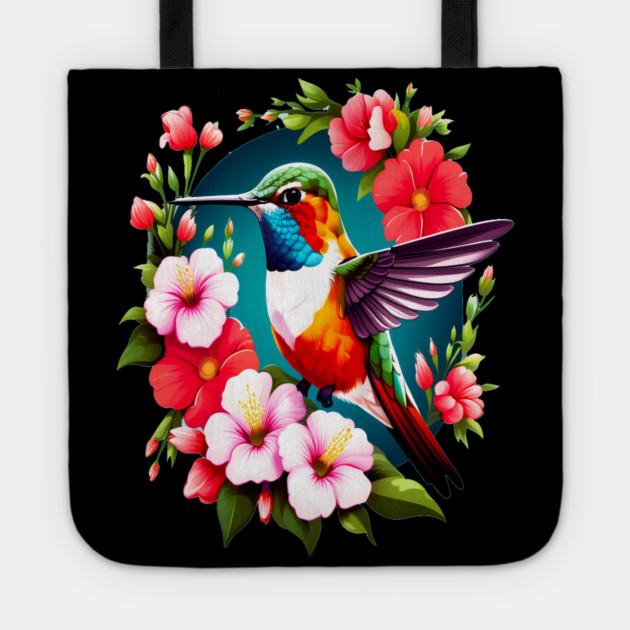 Cute Ruby Throated Hummingbird Surrounded by Spring Flowers Tote by BirdsnStuff