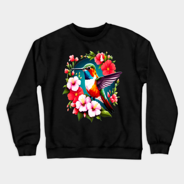 Cute Ruby Throated Hummingbird Surrounded by Spring Flowers Crewneck Sweatshirt by BirdsnStuff