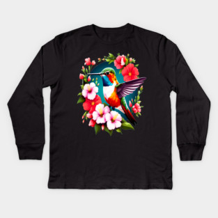 Cute Ruby Throated Hummingbird Surrounded by Spring Flowers Kids Long Sleeve T-Shirt