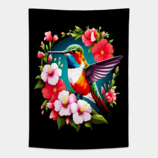 Cute Ruby Throated Hummingbird Surrounded by Spring Flowers Tapestry