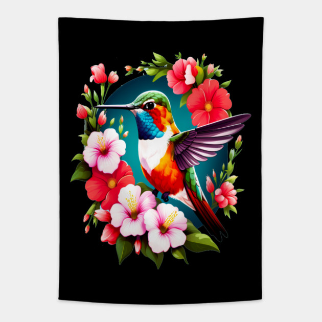 Cute Ruby Throated Hummingbird Surrounded by Spring Flowers Tapestry by BirdsnStuff