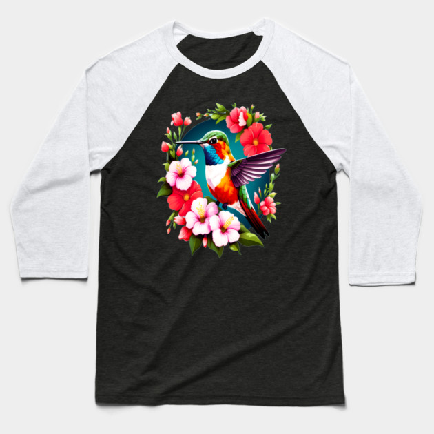 Cute Ruby Throated Hummingbird Surrounded by Spring Flowers Baseball T-Shirt by BirdsnStuff