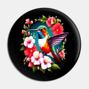 Cute Ruby Throated Hummingbird Surrounded by Spring Flowers Pin