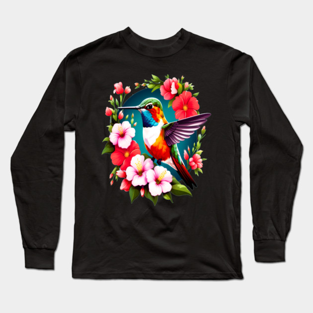 Cute Ruby Throated Hummingbird Surrounded by Spring Flowers Long Sleeve T-Shirt by BirdsnStuff