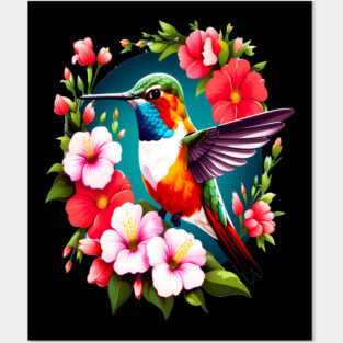 Cute Ruby Throated Hummingbird Surrounded by Spring Flowers Posters and Art