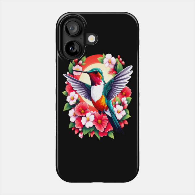 Cute Ruby Throated Hummingbird Surrounded by Spring Flowers Phone Case by BirdsnStuff
