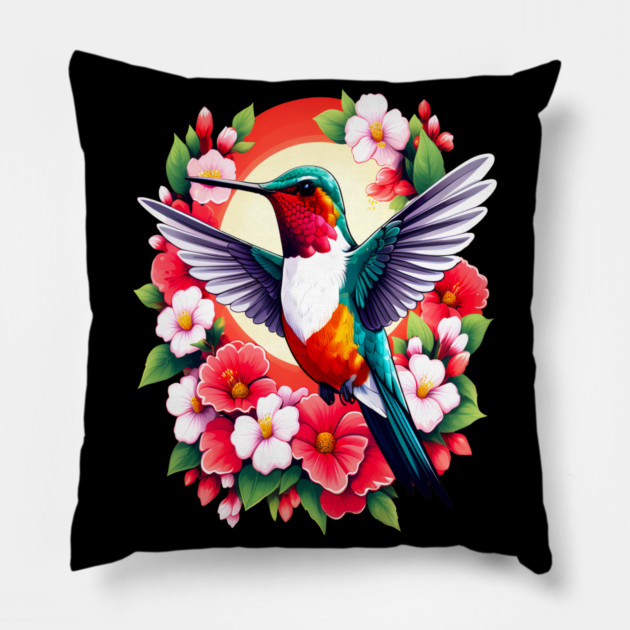 Cute Ruby Throated Hummingbird Surrounded by Spring Flowers Pillow by BirdsnStuff
