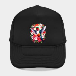 Cute Ruby Throated Hummingbird Surrounded by Spring Flowers Hat