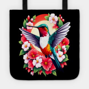 Cute Ruby Throated Hummingbird Surrounded by Spring Flowers Tote