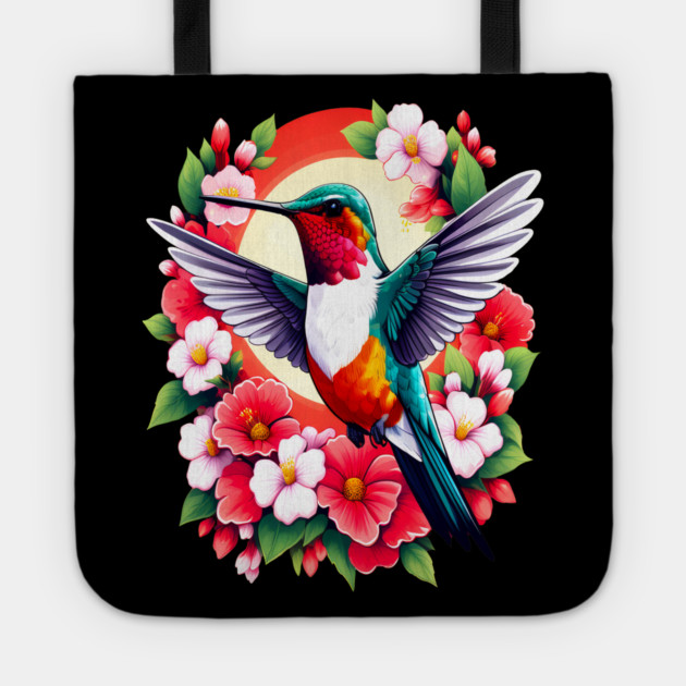 Cute Ruby Throated Hummingbird Surrounded by Spring Flowers Tote by BirdsnStuff