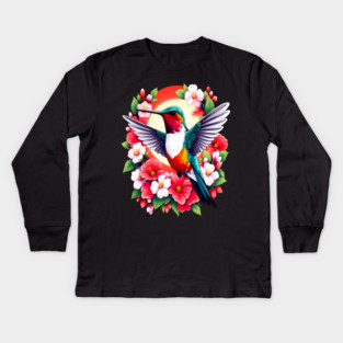 Cute Ruby Throated Hummingbird Surrounded by Spring Flowers Kids Long Sleeve T-Shirt