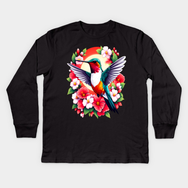 Cute Ruby Throated Hummingbird Surrounded by Spring Flowers Kids Long Sleeve T-Shirt by BirdsnStuff