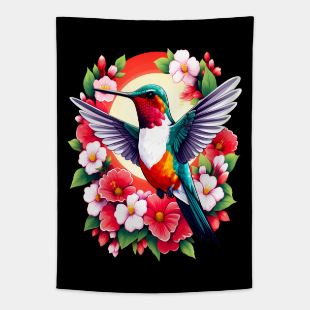 Cute Ruby Throated Hummingbird Surrounded by Spring Flowers Tapestry by BirdsnStuff