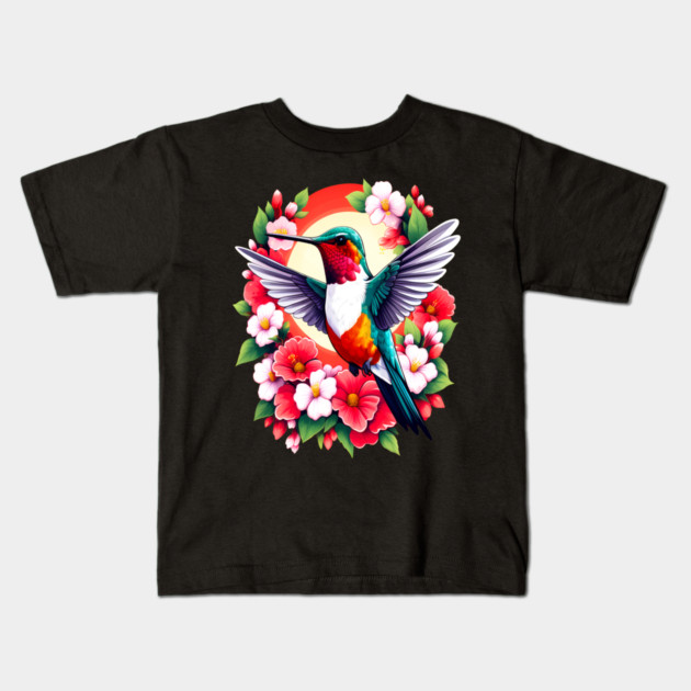 Cute Ruby Throated Hummingbird Surrounded by Spring Flowers Kids T-Shirt by BirdsnStuff