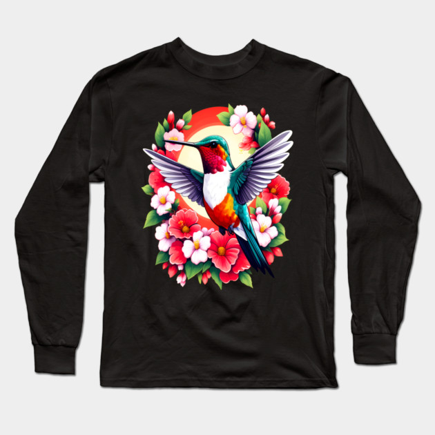 Cute Ruby Throated Hummingbird Surrounded by Spring Flowers Long Sleeve T-Shirt by BirdsnStuff