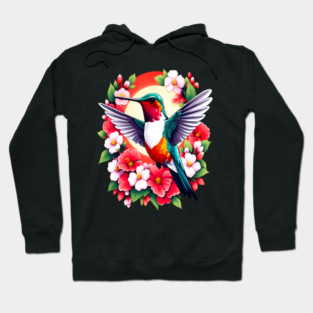 Cute Ruby Throated Hummingbird Surrounded by Spring Flowers Hoodie