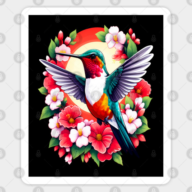 Cute Ruby Throated Hummingbird Surrounded by Spring Flowers Sticker by BirdsnStuff
