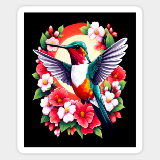 Cute Ruby Throated Hummingbird Surrounded by Spring Flowers Magnet