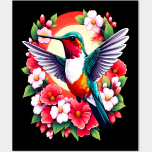 Cute Ruby Throated Hummingbird Surrounded by Spring Flowers Posters and Art