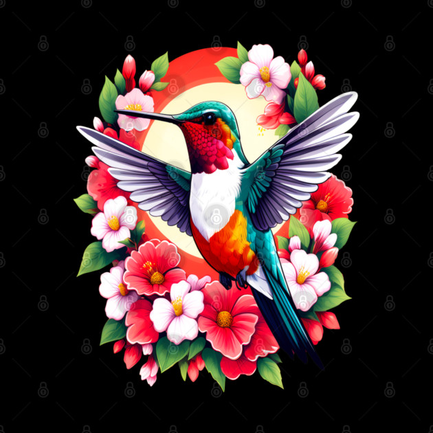 Cute Ruby Throated Hummingbird Surrounded by Spring Flowers by BirdsnStuff