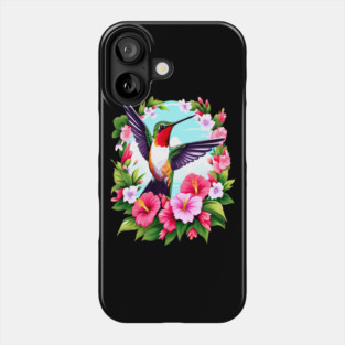 Cute Ruby Throated Hummingbird Surrounded by Spring Flowers Phone Case