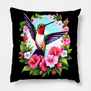 Cute Ruby Throated Hummingbird Surrounded by Spring Flowers Pillow