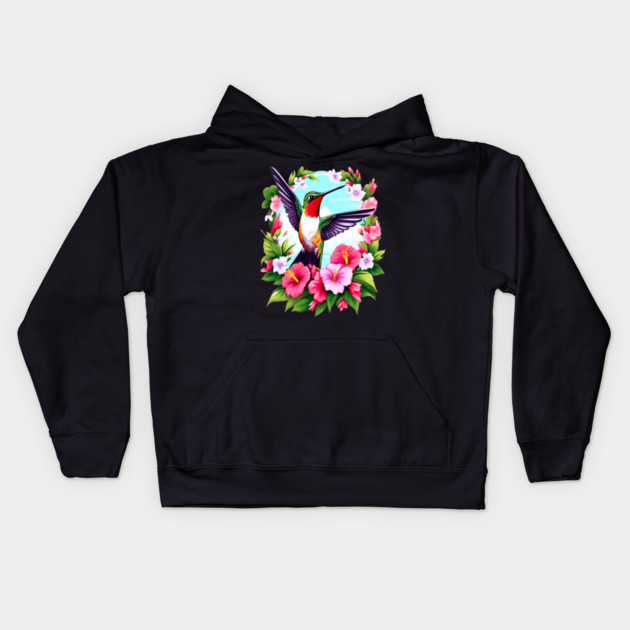 Cute Ruby Throated Hummingbird Surrounded by Spring Flowers Kids Hoodie by BirdsnStuff