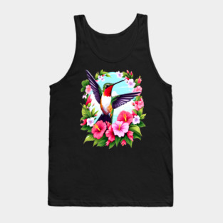 Cute Ruby Throated Hummingbird Surrounded by Spring Flowers Tank Top