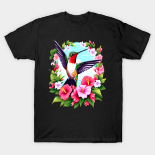 Cute Ruby Throated Hummingbird Surrounded by Spring Flowers T-Shirt