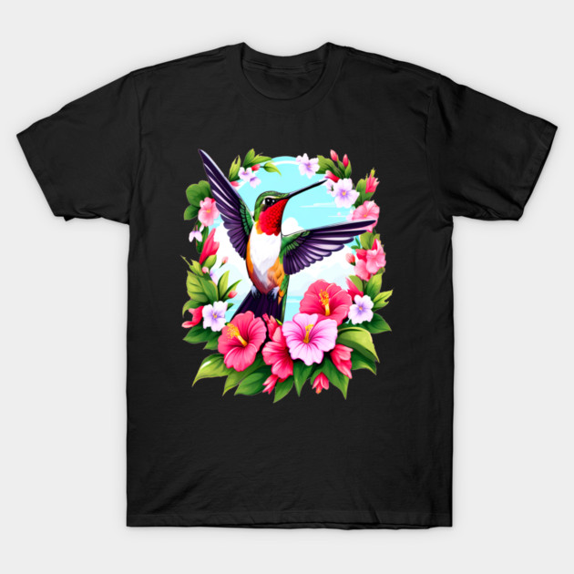 Cute Ruby Throated Hummingbird Surrounded by Spring Flowers T-Shirt by BirdsnStuff