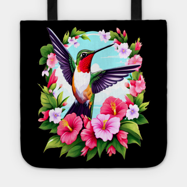 Cute Ruby Throated Hummingbird Surrounded by Spring Flowers Tote by BirdsnStuff