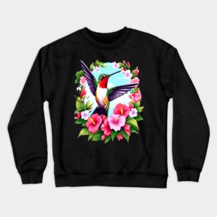 Cute Ruby Throated Hummingbird Surrounded by Spring Flowers Crewneck Sweatshirt