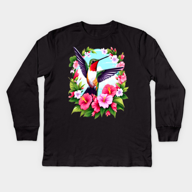 Cute Ruby Throated Hummingbird Surrounded by Spring Flowers Kids Long Sleeve T-Shirt by BirdsnStuff
