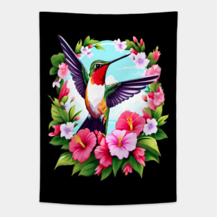 Cute Ruby Throated Hummingbird Surrounded by Spring Flowers Tapestry