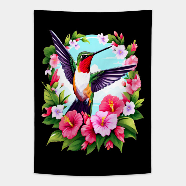 Cute Ruby Throated Hummingbird Surrounded by Spring Flowers Tapestry by BirdsnStuff