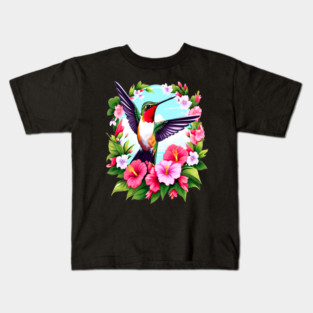 Cute Ruby Throated Hummingbird Surrounded by Spring Flowers Kids T-Shirt