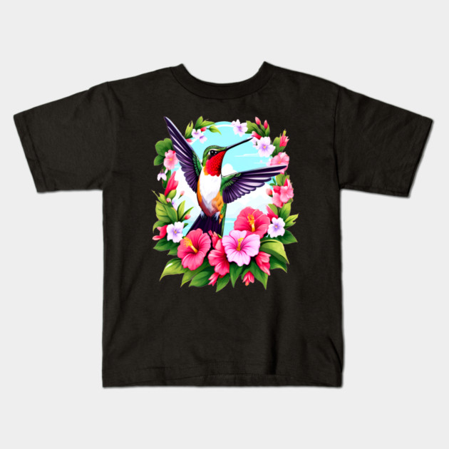 Cute Ruby Throated Hummingbird Surrounded by Spring Flowers Kids T-Shirt by BirdsnStuff