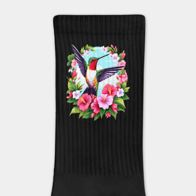 Cute Ruby Throated Hummingbird Surrounded by Spring Flowers by BirdsnStuff