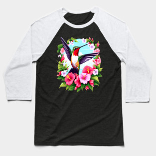 Cute Ruby Throated Hummingbird Surrounded by Spring Flowers Baseball T-Shirt