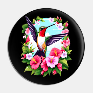 Cute Ruby Throated Hummingbird Surrounded by Spring Flowers Pin