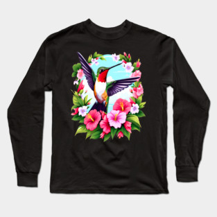 Cute Ruby Throated Hummingbird Surrounded by Spring Flowers Long Sleeve T-Shirt