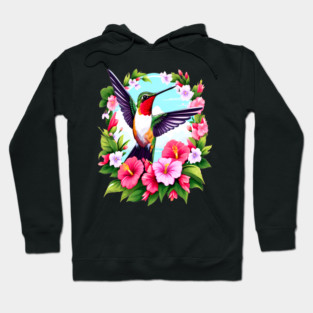 Cute Ruby Throated Hummingbird Surrounded by Spring Flowers Hoodie