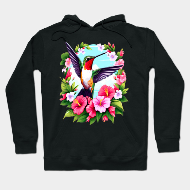 Cute Ruby Throated Hummingbird Surrounded by Spring Flowers Hoodie by BirdsnStuff