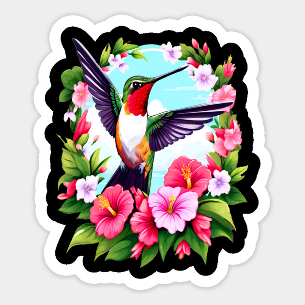 Cute Ruby Throated Hummingbird Surrounded by Spring Flowers Magnet by BirdsnStuff