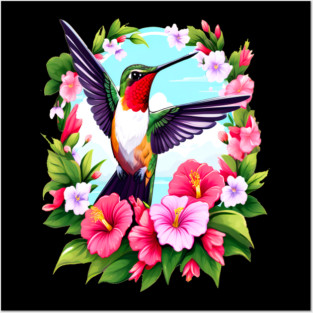 Cute Ruby Throated Hummingbird Surrounded by Spring Flowers Posters and Art