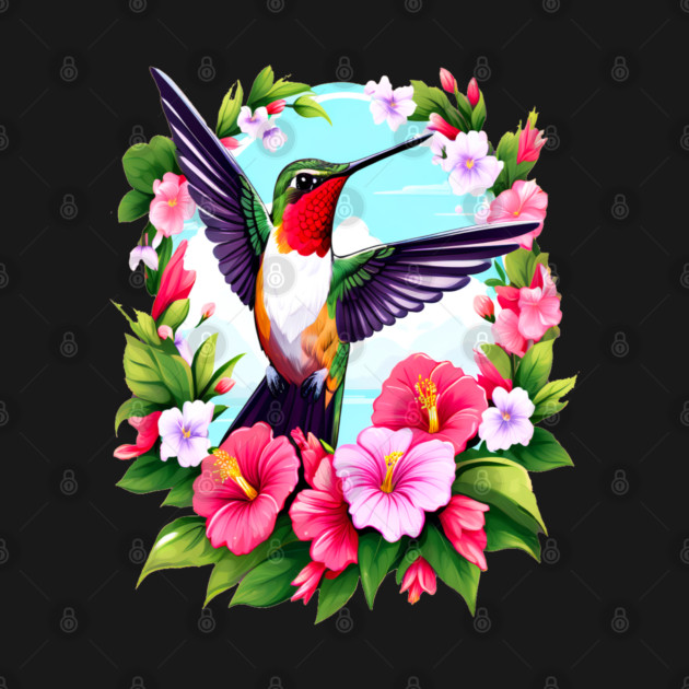 Cute Ruby Throated Hummingbird Surrounded by Spring Flowers by BirdsnStuff