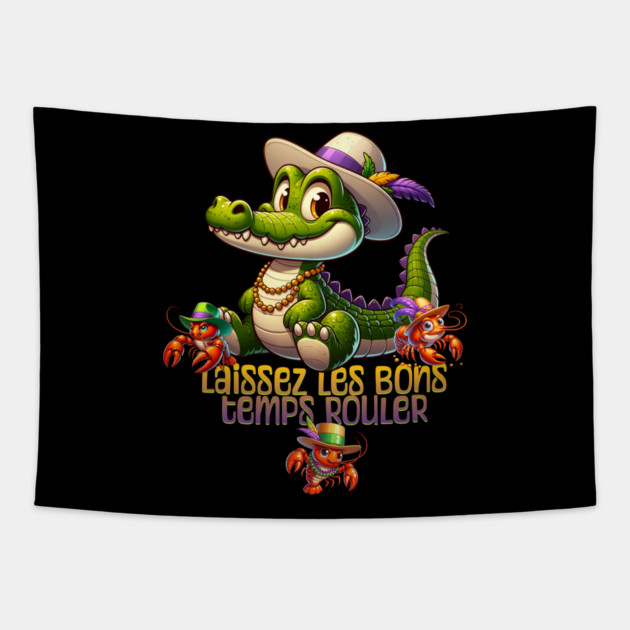 Mardi Gras Party Gator & Crawdads Tapestry by HolidayBug