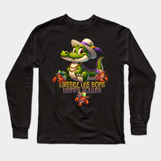 Mardi Gras Party Gator & Crawdads Long Sleeve T-Shirt by HolidayBug